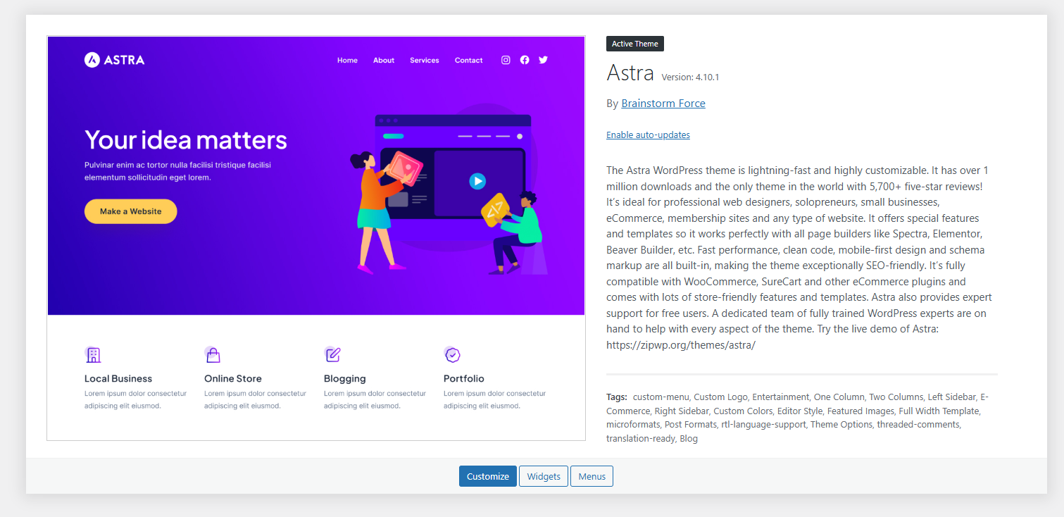 astra theme for one page website