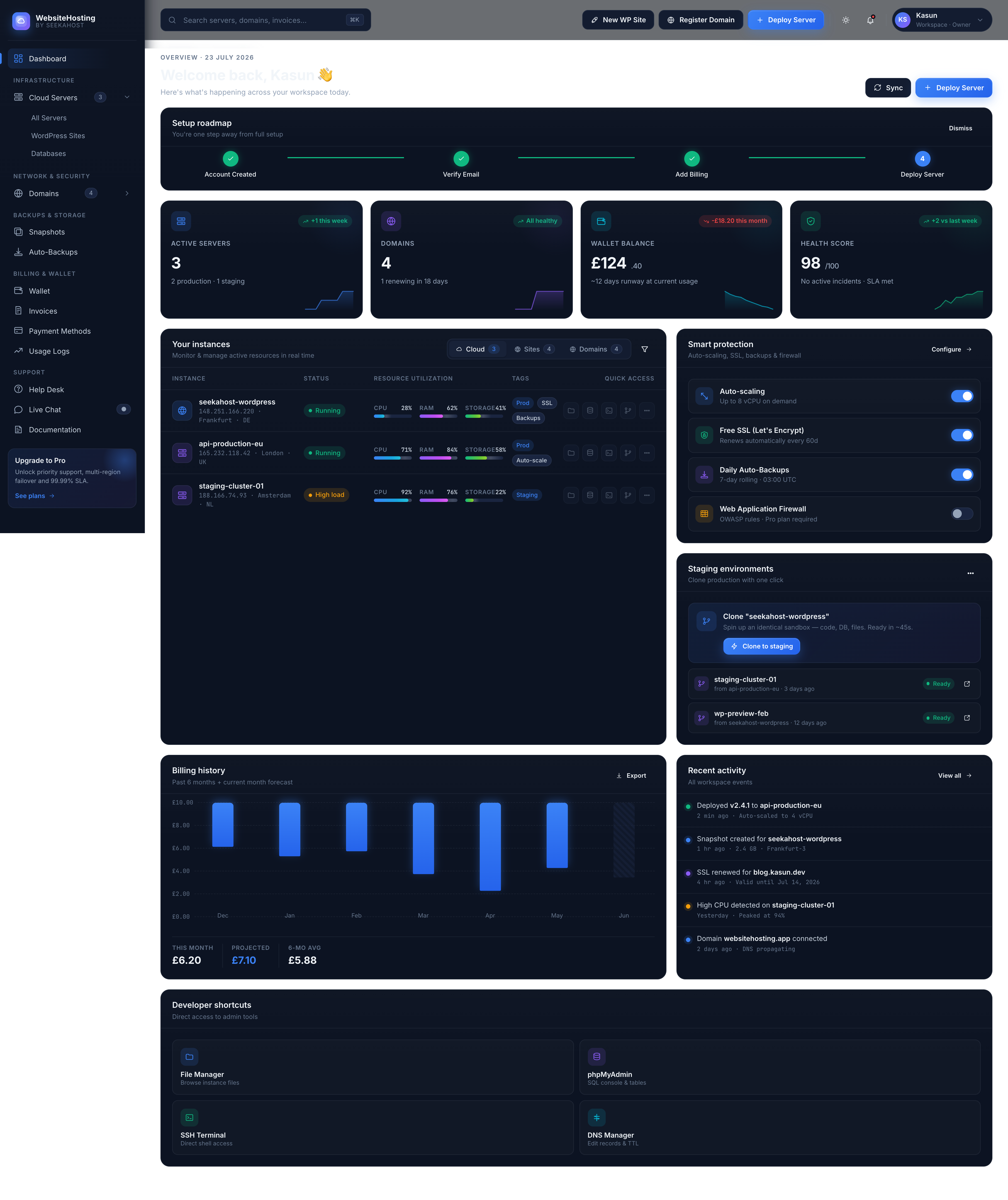 SeekaHost control panel dashboard with server metrics, sites and backups