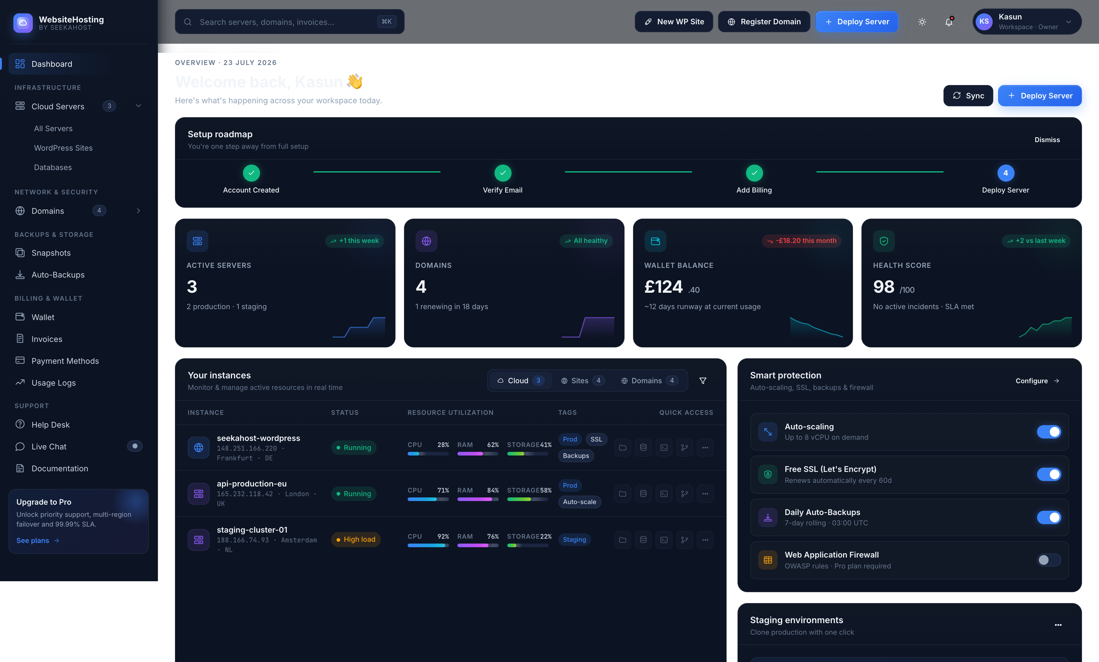 The WebsiteHosting control panel by SeekaHost, showing server health and WordPress sites