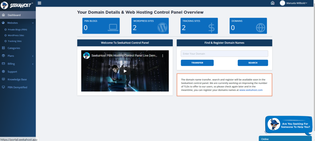 Overview-and-main-dashboard-with-seekahost-web-hosting-control-panel